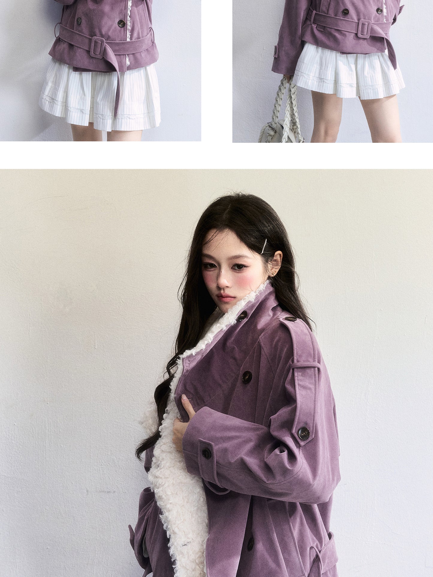 Belted Faux Suede Rider Jacket With Fur Collar