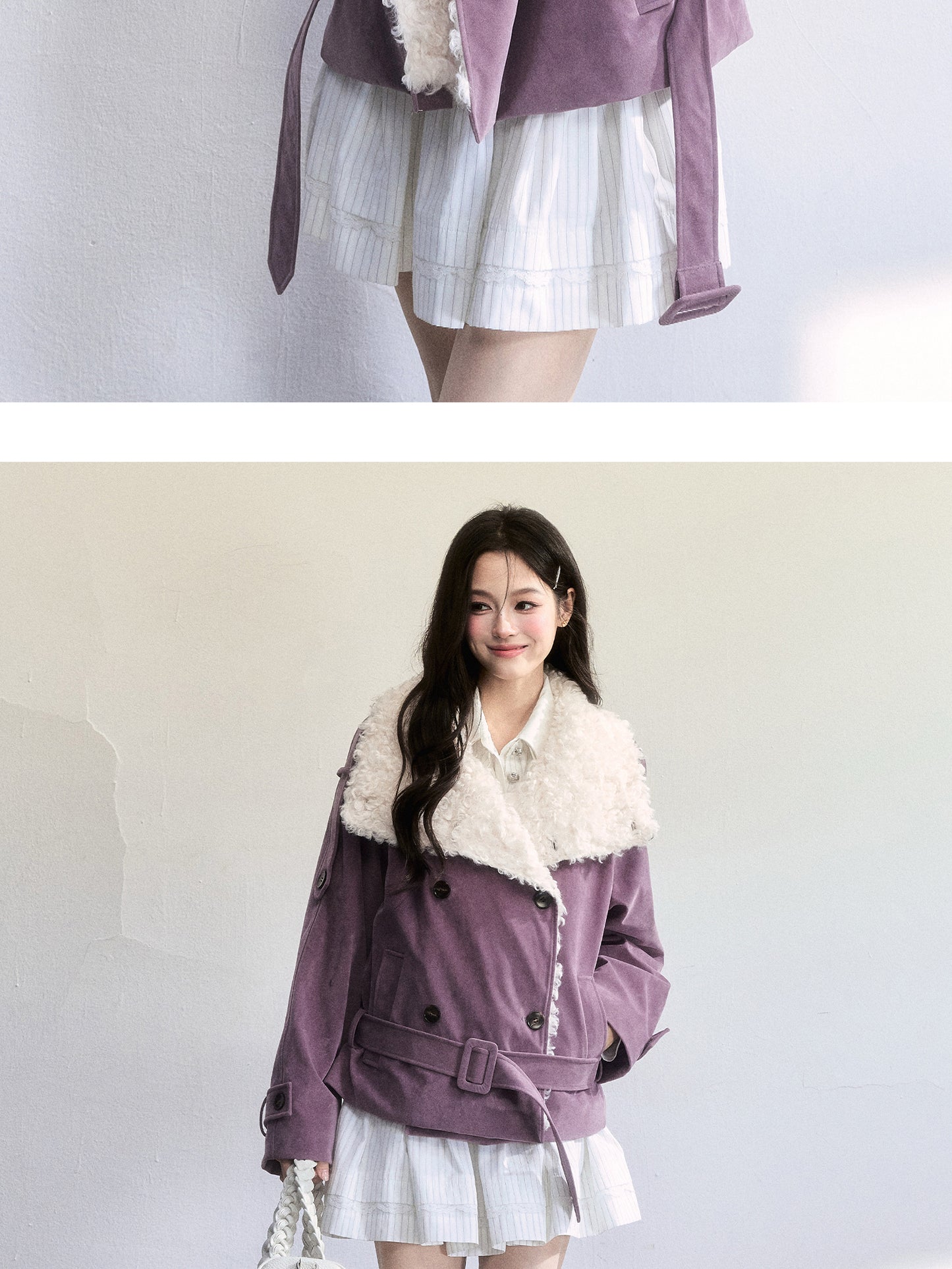 Belted Faux Suede Rider Jacket With Fur Collar