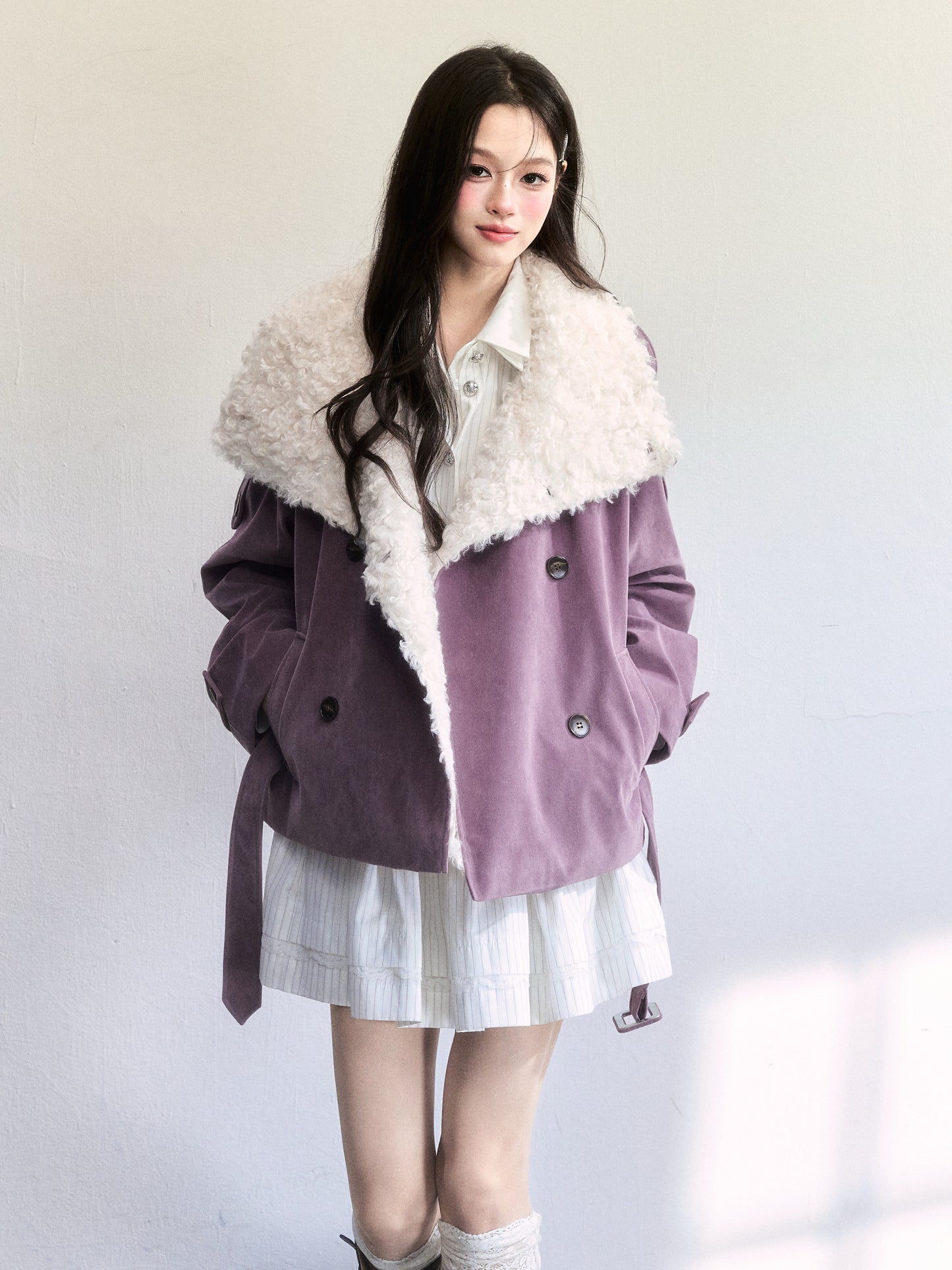 Belted Faux Suede Rider Jacket With Fur Collar