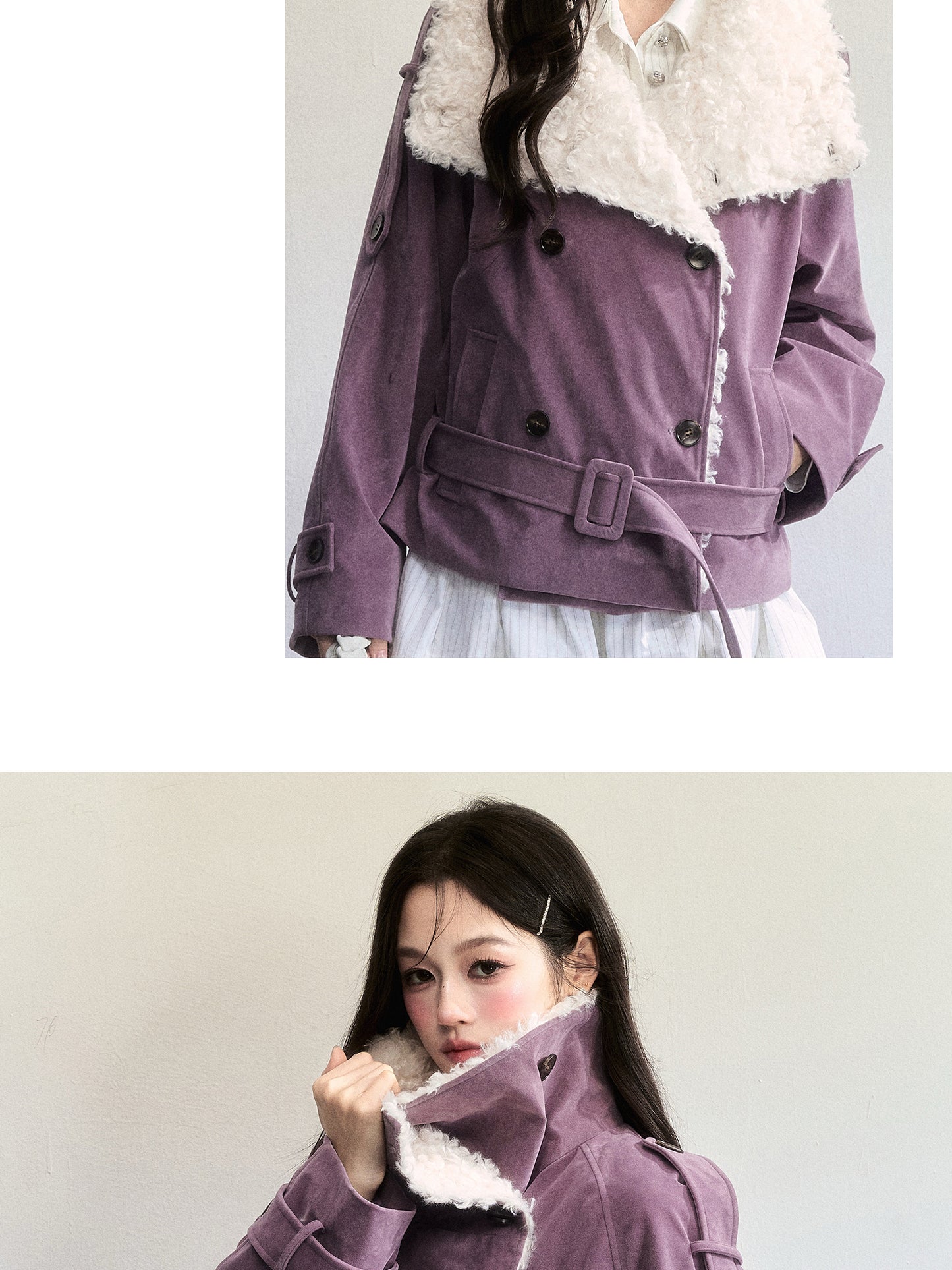 Belted Faux Suede Rider Jacket With Fur Collar