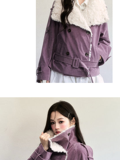 Belted Faux Suede Rider Jacket With Fur Collar