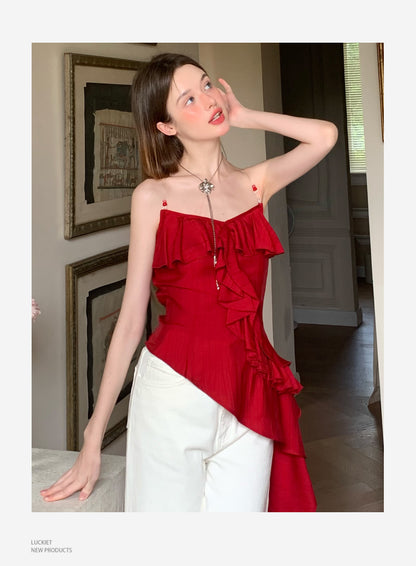 Asymmetrical Beaded Strap Ruffled Top In Red