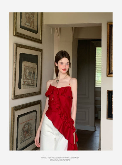 Asymmetrical Beaded Strap Ruffled Top In Red