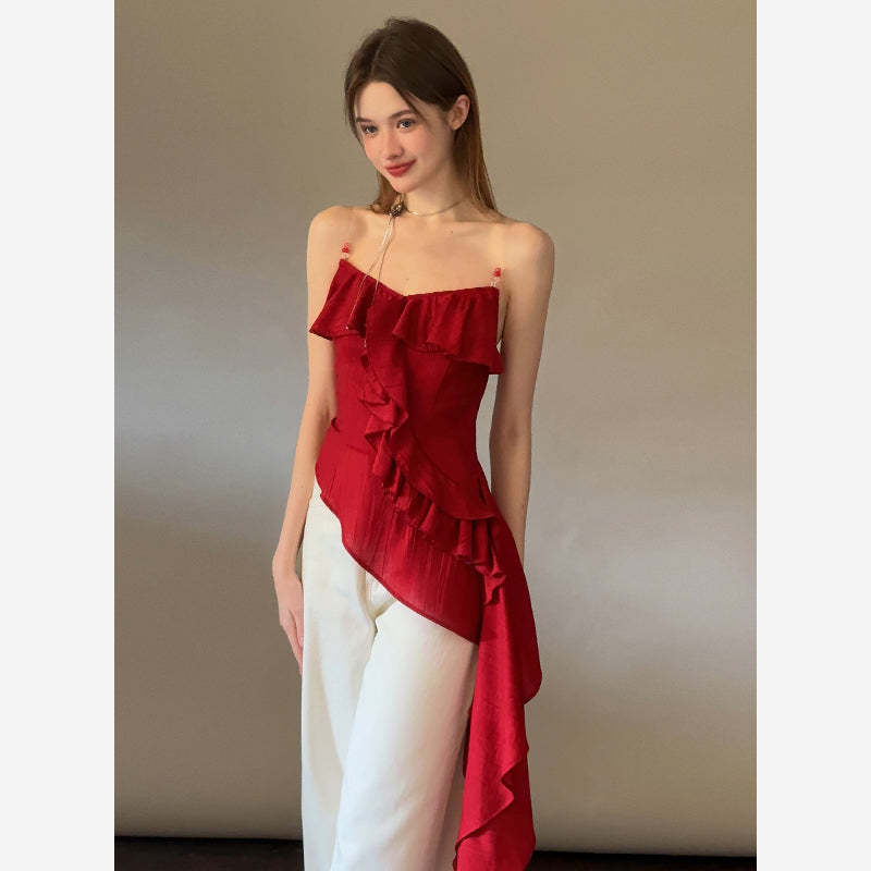 Asymmetrical Beaded Strap Ruffled Top In Red