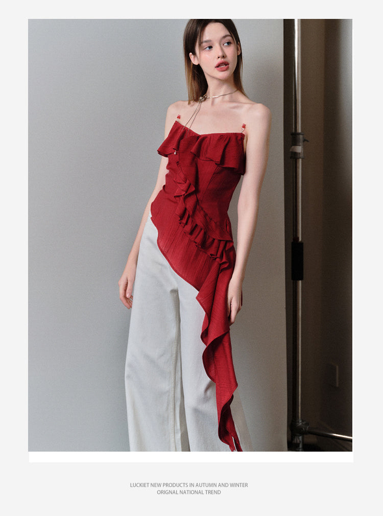 Asymmetrical Beaded Strap Ruffled Top In Red