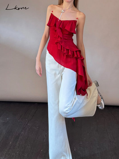 Asymmetrical Beaded Strap Ruffled Top In Red