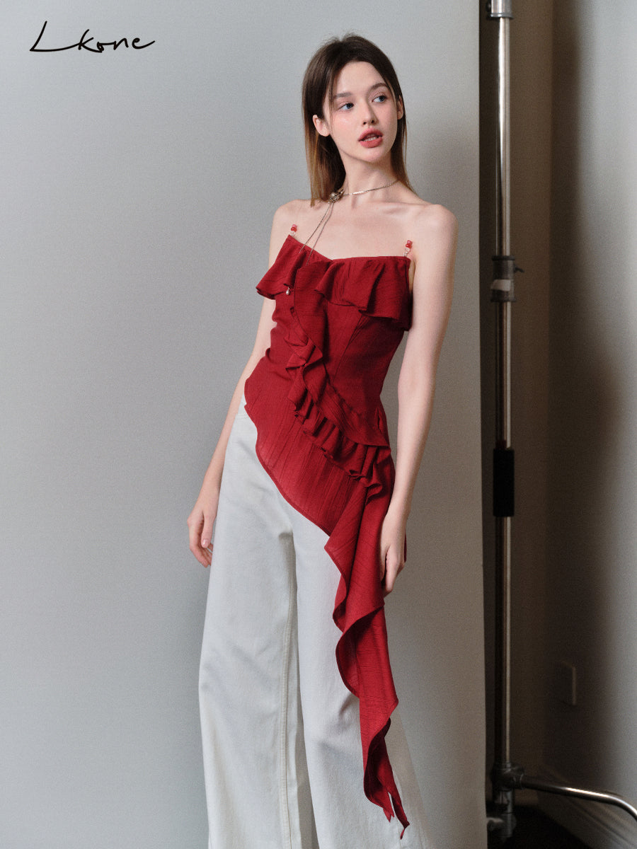 Asymmetrical Beaded Strap Ruffled Top In Red