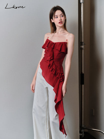 Asymmetrical Beaded Strap Ruffled Top In Red
