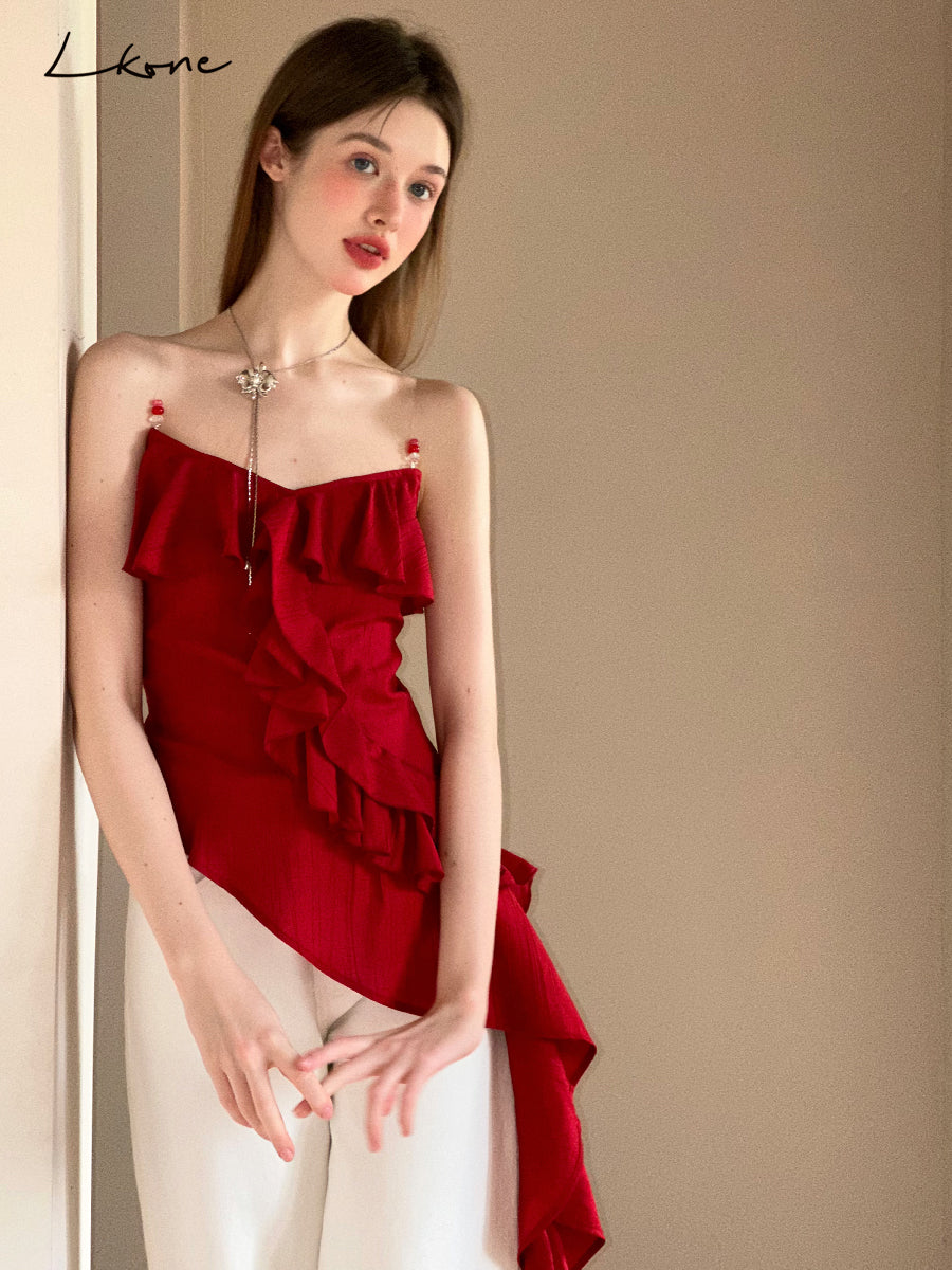 Asymmetrical Beaded Strap Ruffled Top In Red
