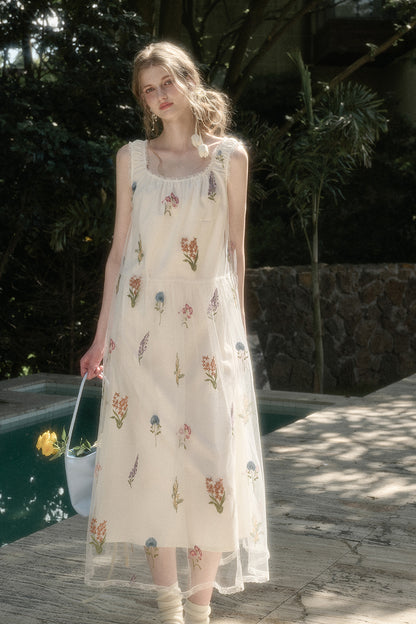 Gathered Sheer Floral Embroidered Dress