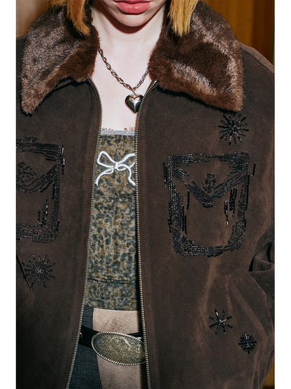 Beaded Suede-Style Jacket With Faux Fur Collar