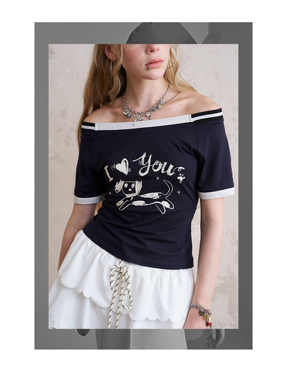 Off-Shoulder T-Shirt With Puppy Illustration Print