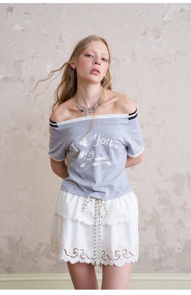 Off-Shoulder T-Shirt With Puppy Illustration Print