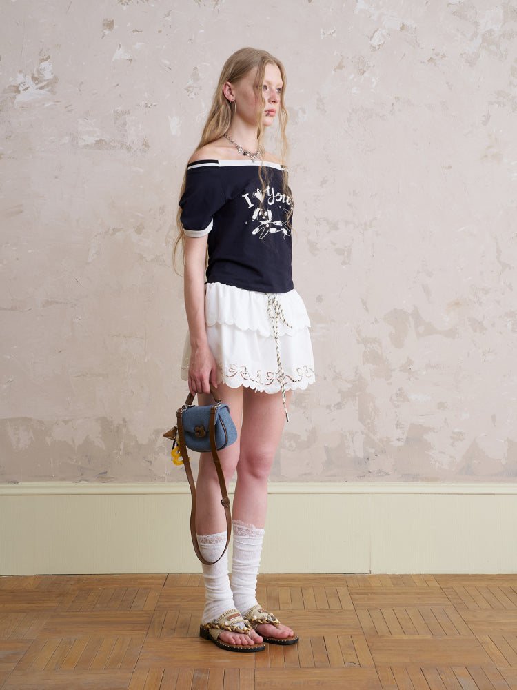 Off-Shoulder T-Shirt With Puppy Illustration Print