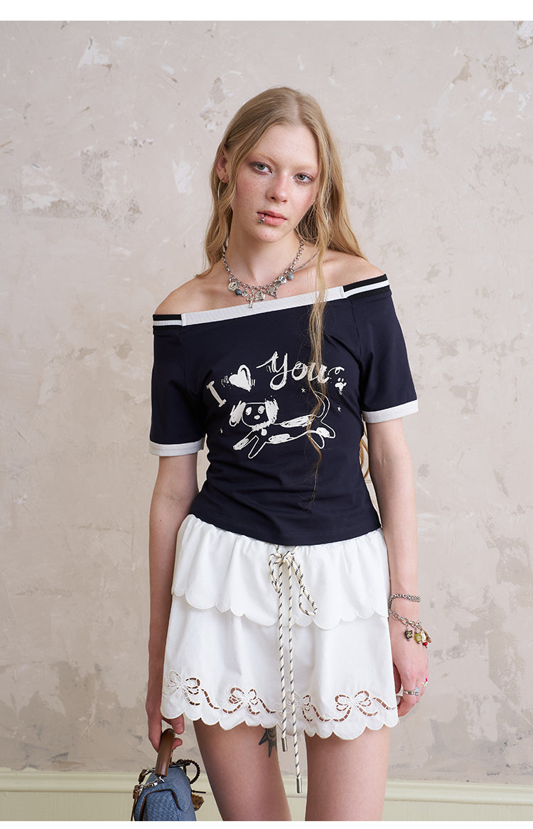 Off-Shoulder T-Shirt With Puppy Illustration Print