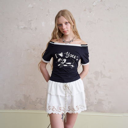 Off-Shoulder T-Shirt With Puppy Illustration Print