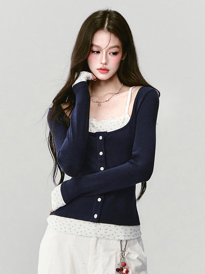 Button-Front Faux-Layered Wide Scoop Neck Top