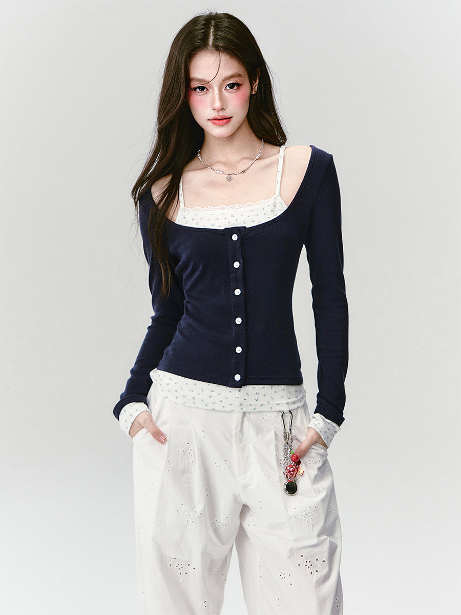Button-Front Faux-Layered Wide Scoop Neck Top
