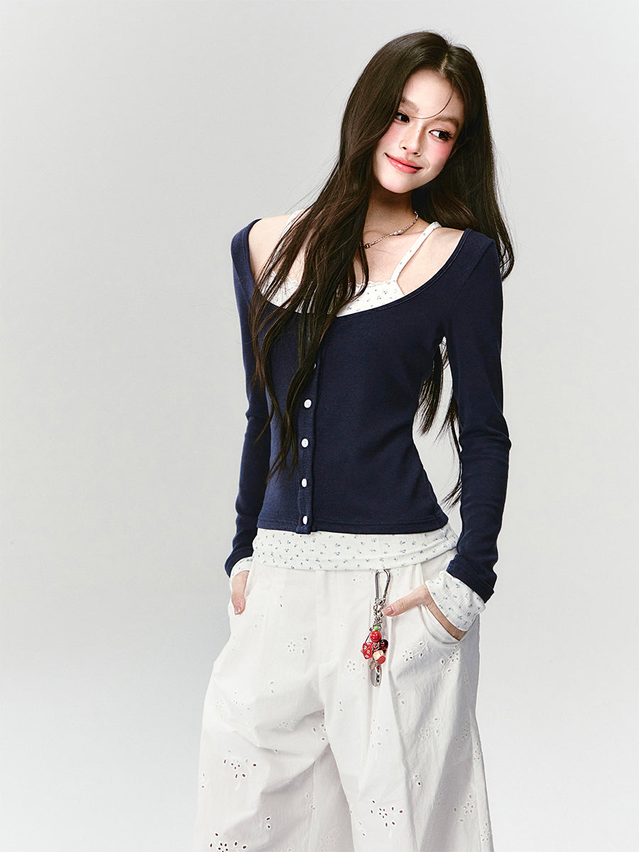 Button-Front Faux-Layered Wide Scoop Neck Top