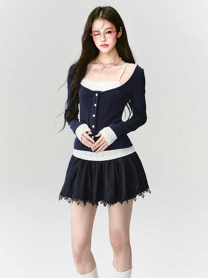 Button-Front Faux-Layered Wide Scoop Neck Top