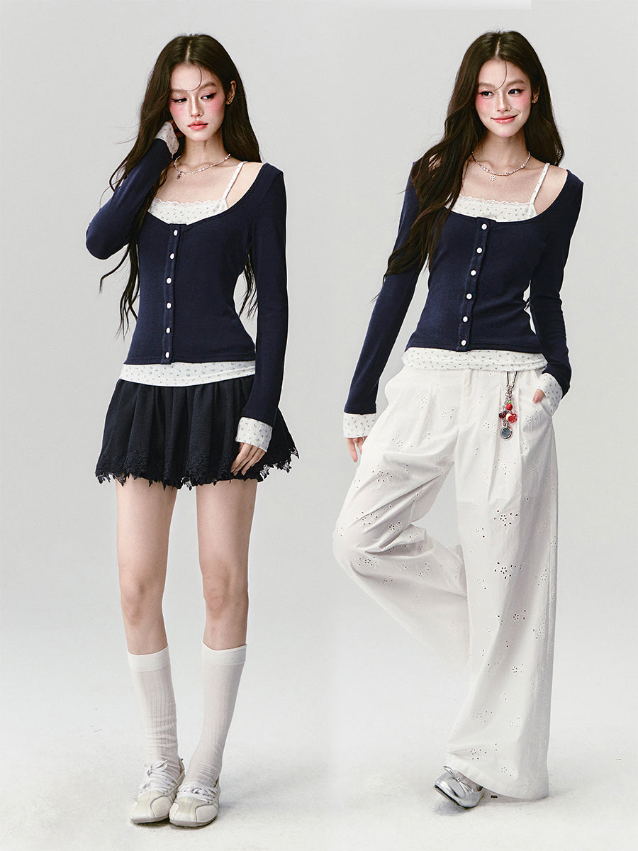 Button-Front Faux-Layered Wide Scoop Neck Top