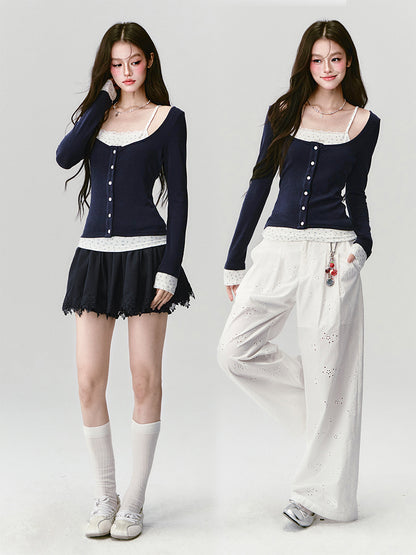 Button-Front Faux-Layered Wide Scoop Neck Top