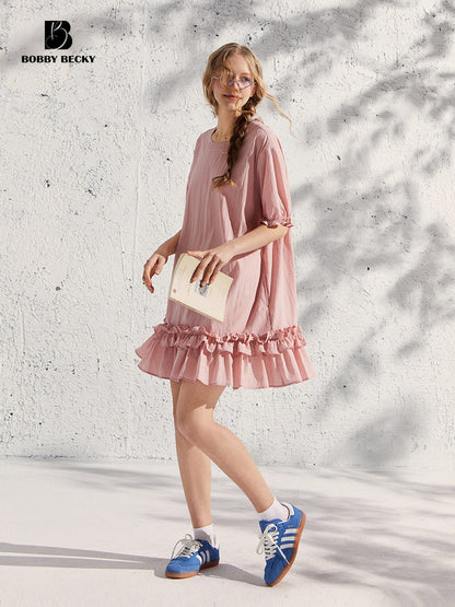Puff Sleeve Ruffled Hem Loose Dress In Natural Fabric