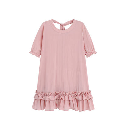 Puff Sleeve Ruffled Hem Loose Dress In Natural Fabric