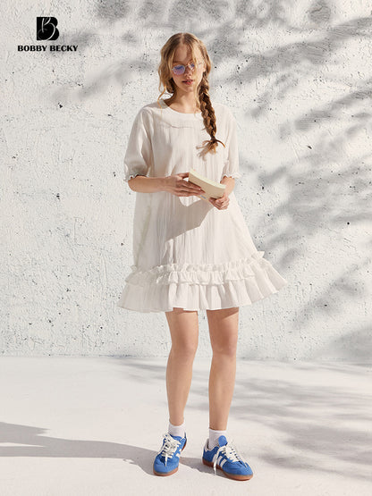 Puff Sleeve Ruffled Hem Loose Dress In Natural Fabric
