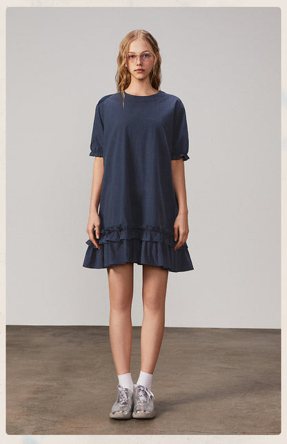 Puff Sleeve Ruffled Hem Loose Dress In Natural Fabric