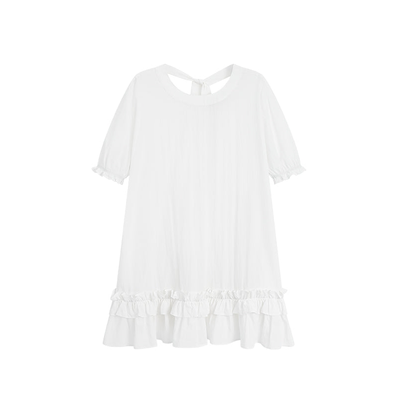 Puff Sleeve Ruffled Hem Loose Dress In Natural Fabric