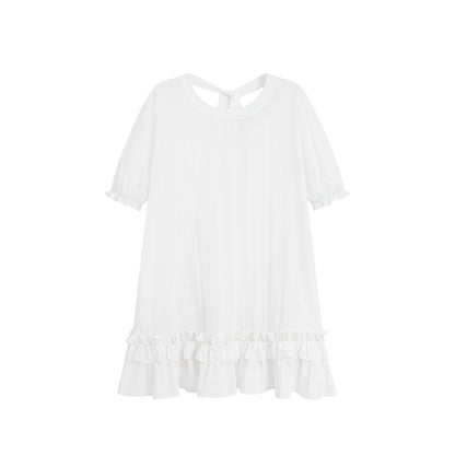 Puff Sleeve Ruffled Hem Loose Dress In Natural Fabric