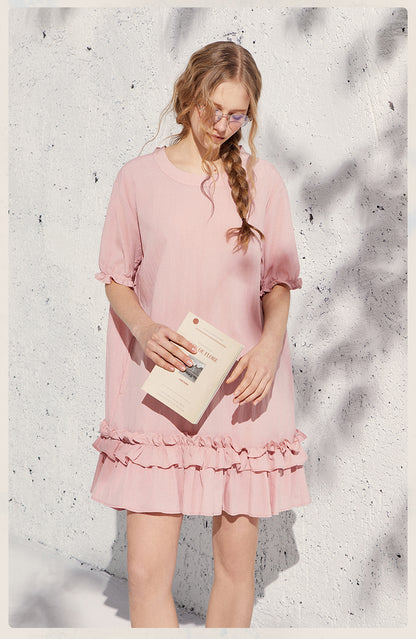 Puff Sleeve Ruffled Hem Loose Dress In Natural Fabric