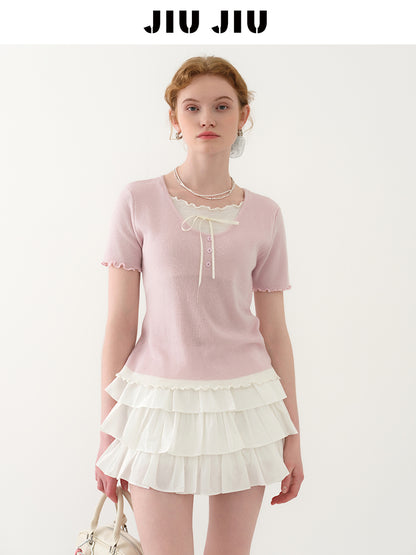 Lettuce Edge Layered Sheer Knit Top