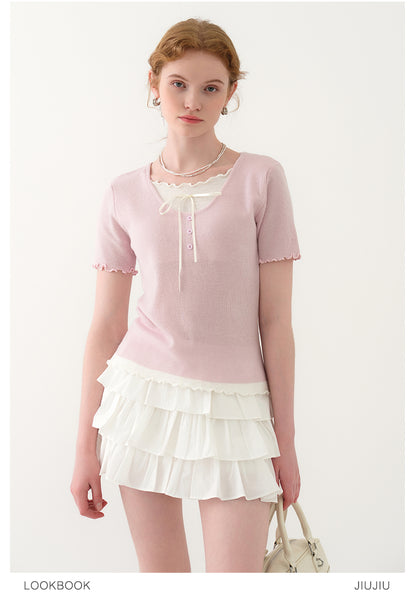 Lettuce Edge Layered Sheer Knit Top