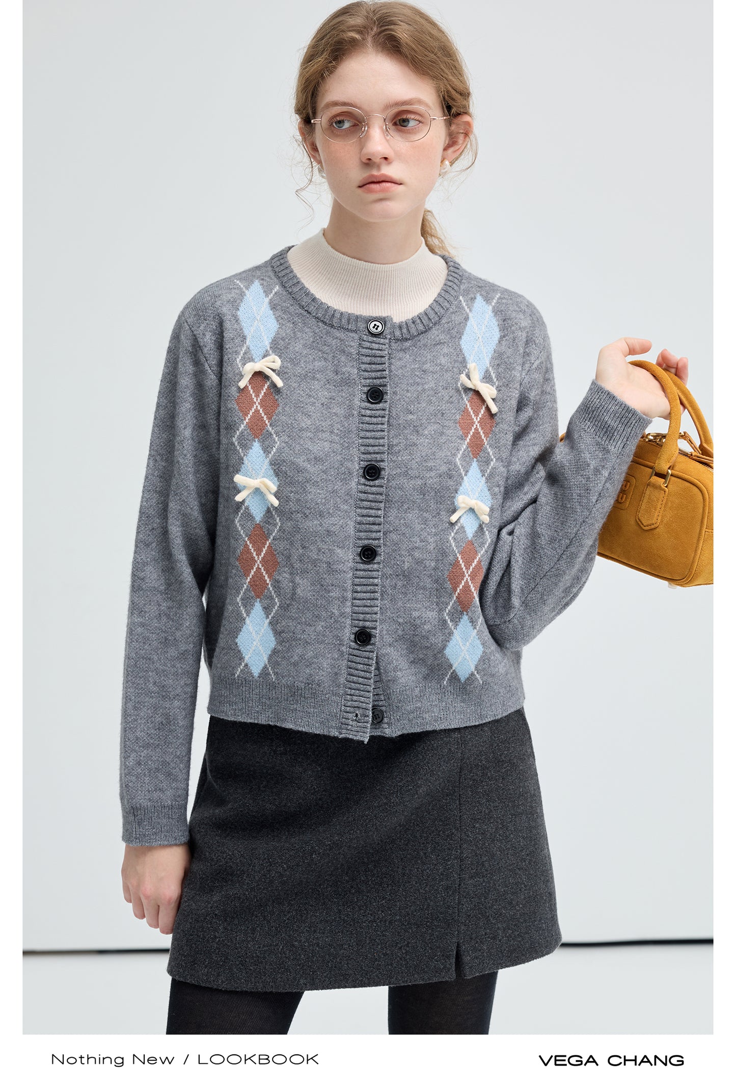 Bowknot Argyle Short Knit Cardigan