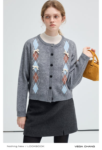 Bowknot Argyle Short Knit Cardigan