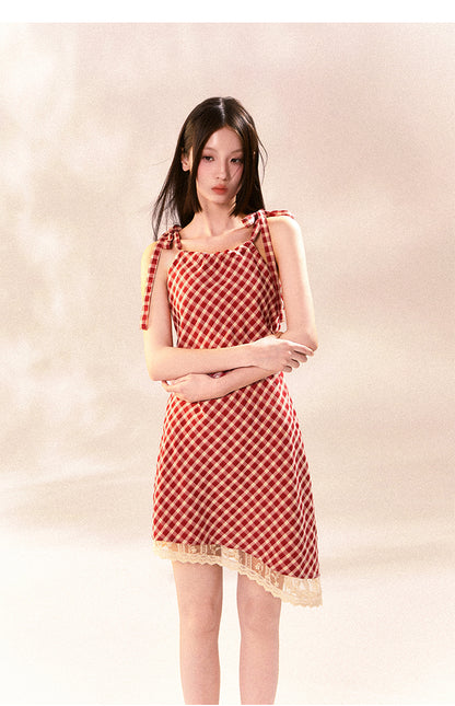 Asymmetric Checkered Dress With Tie Straps