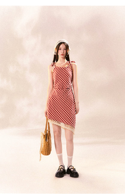 Asymmetric Checkered Dress With Tie Straps