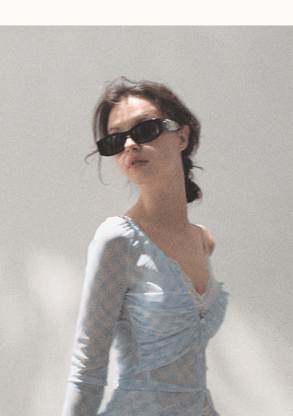 Diamond Gingham Ruched Sheer Blouse