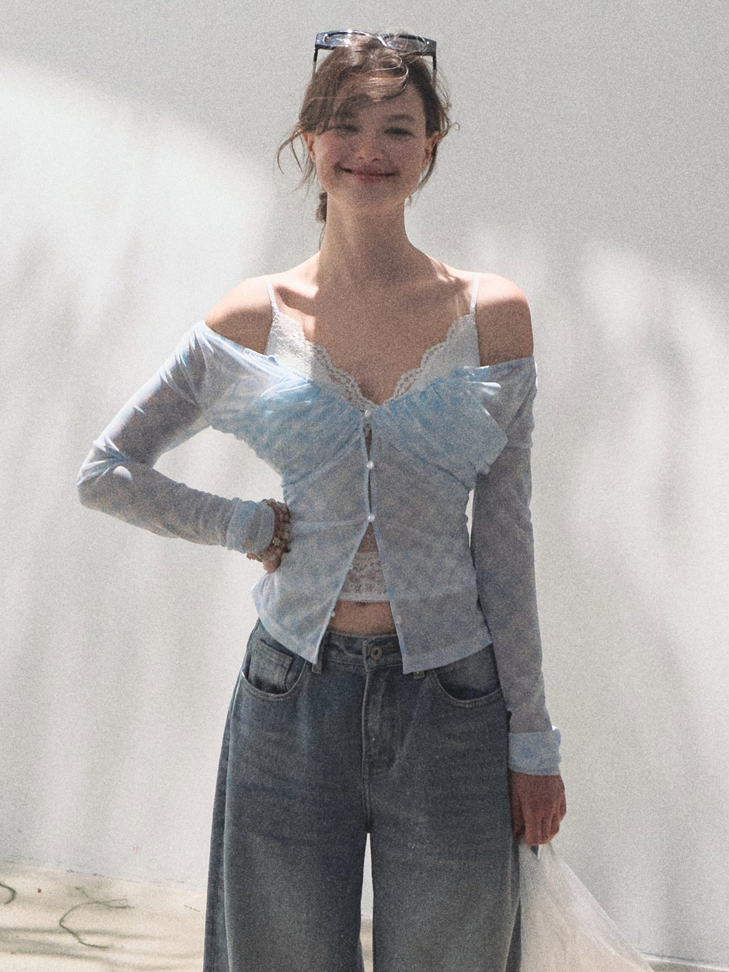 Diamond Gingham Ruched Sheer Blouse