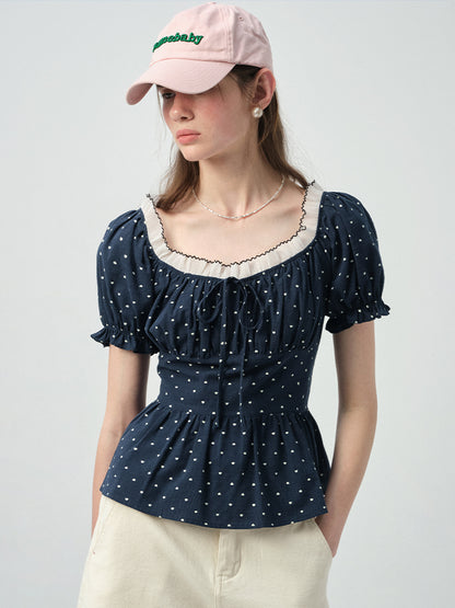 Smocked Polka Dot Blouse With Puff Sleeves
