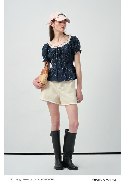 Smocked Polka Dot Blouse With Puff Sleeves