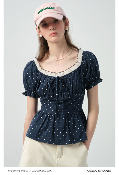 Smocked Polka Dot Blouse With Puff Sleeves