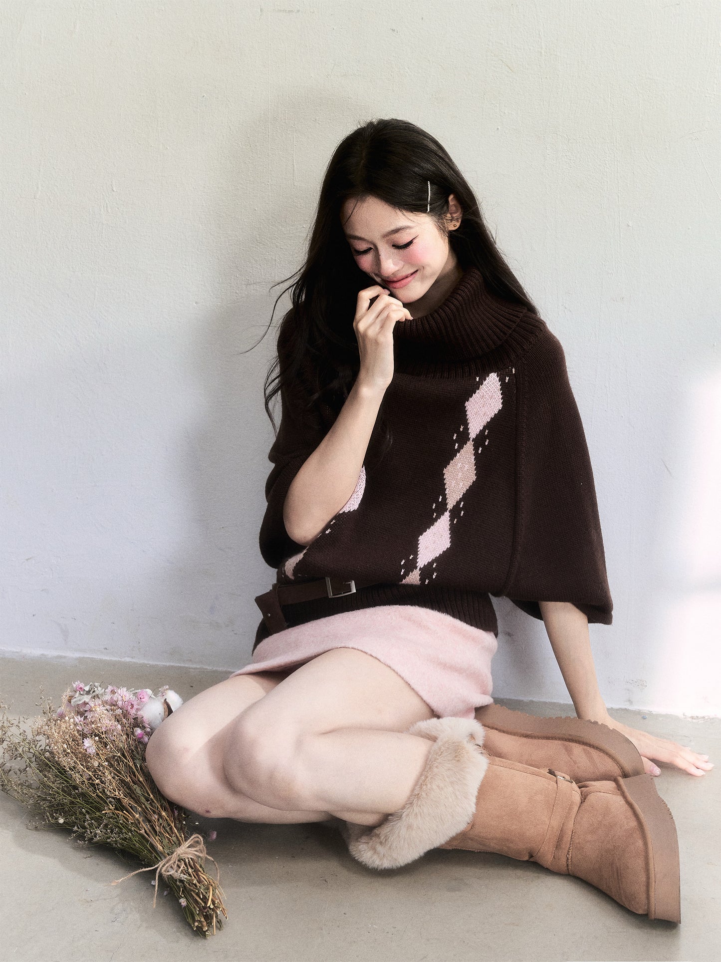 Cape-Inspired Roll Neck Argyle Knit Top