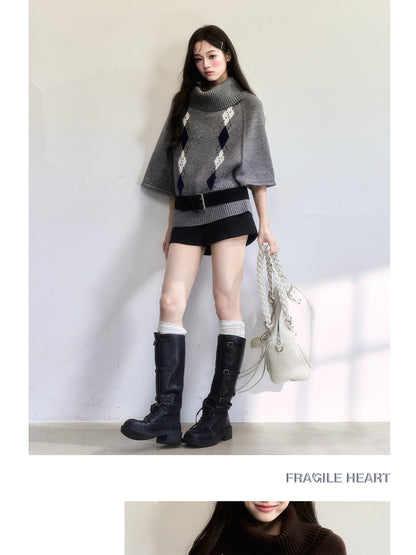 Cape-Inspired Roll Neck Argyle Knit Top