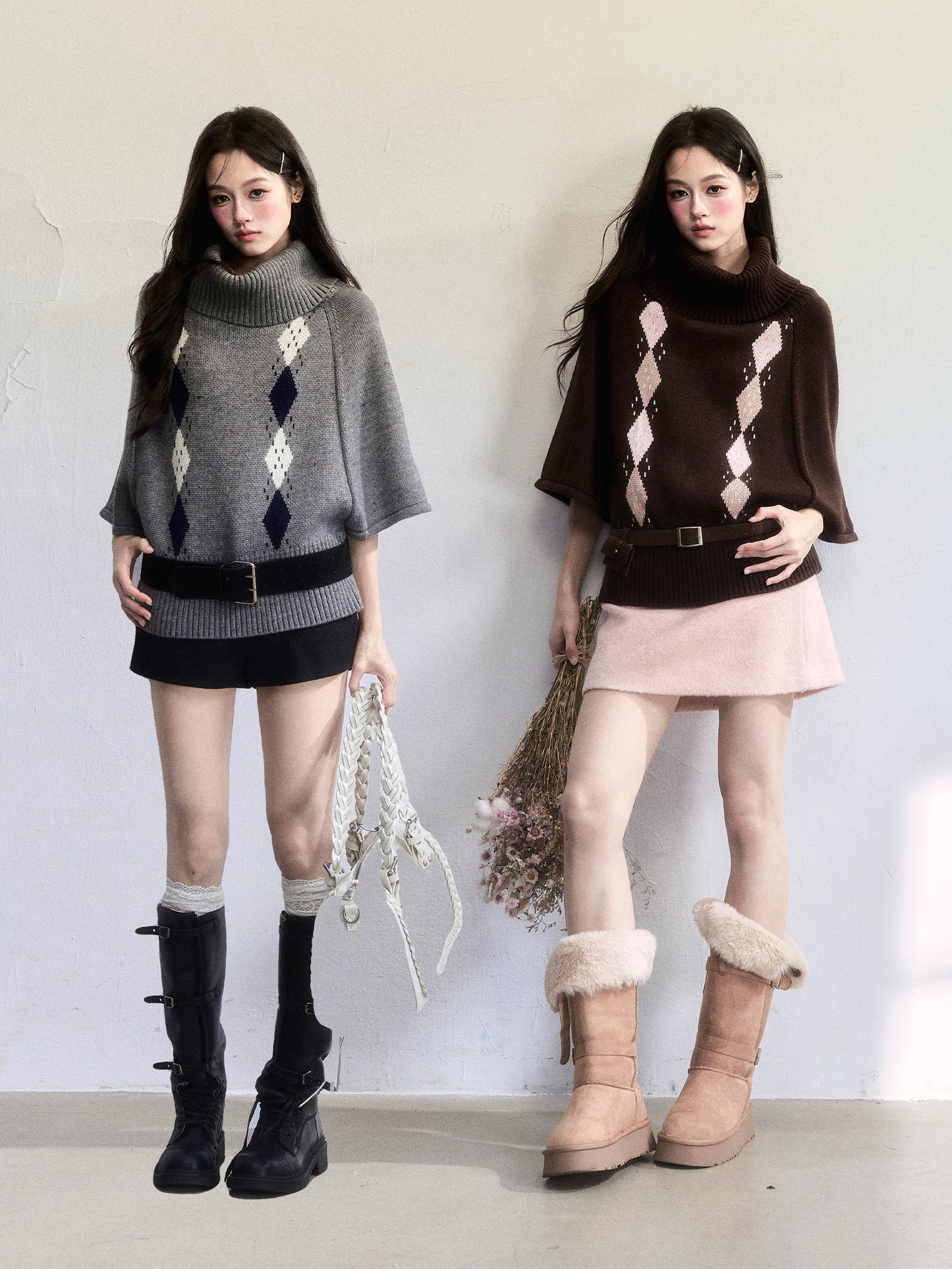 Cape-Inspired Roll Neck Argyle Knit Top