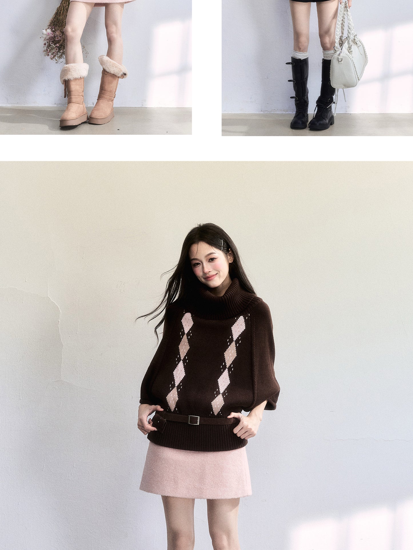 Cape-Inspired Roll Neck Argyle Knit Top