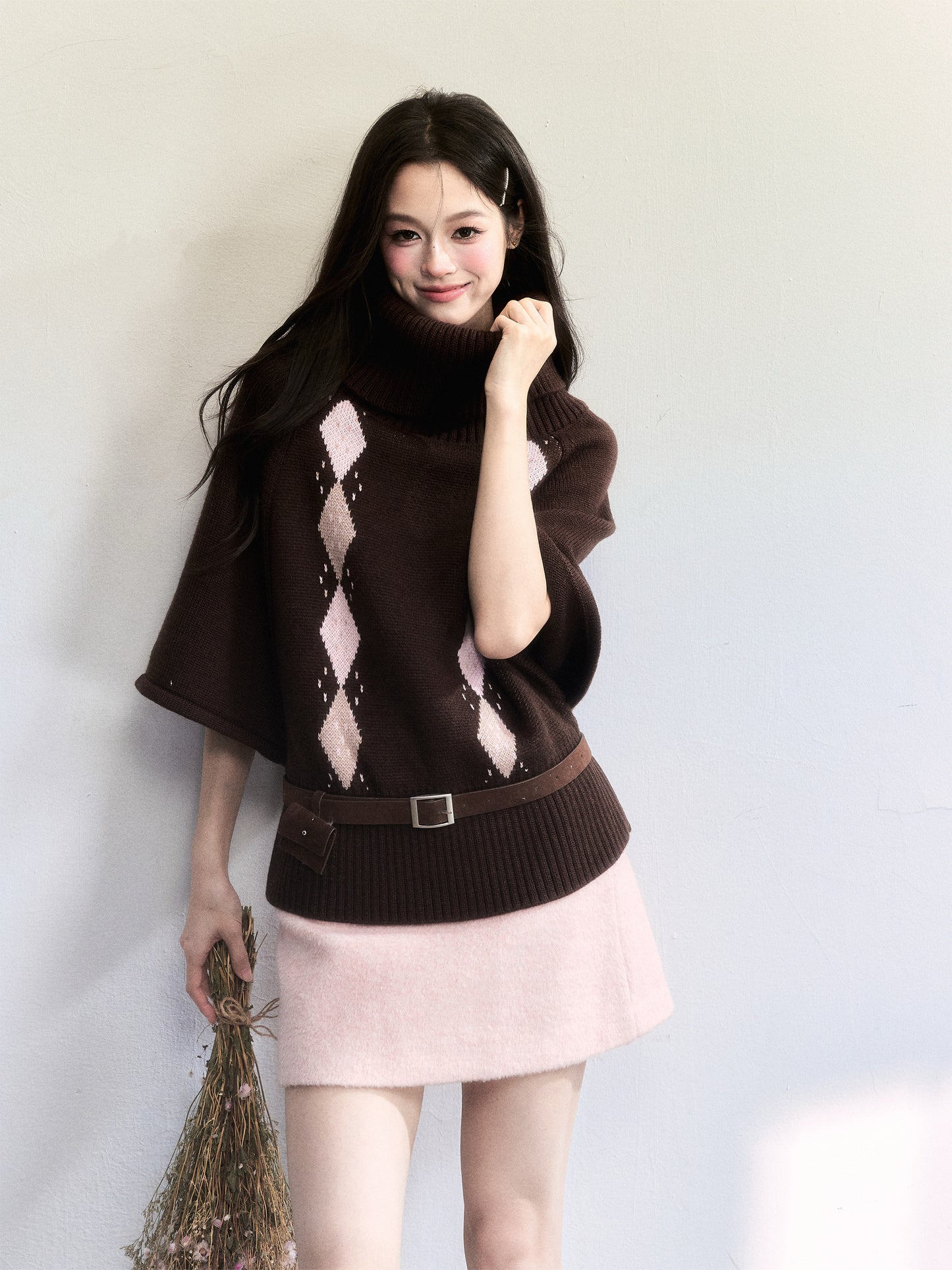 Cape-Inspired Roll Neck Argyle Knit Top