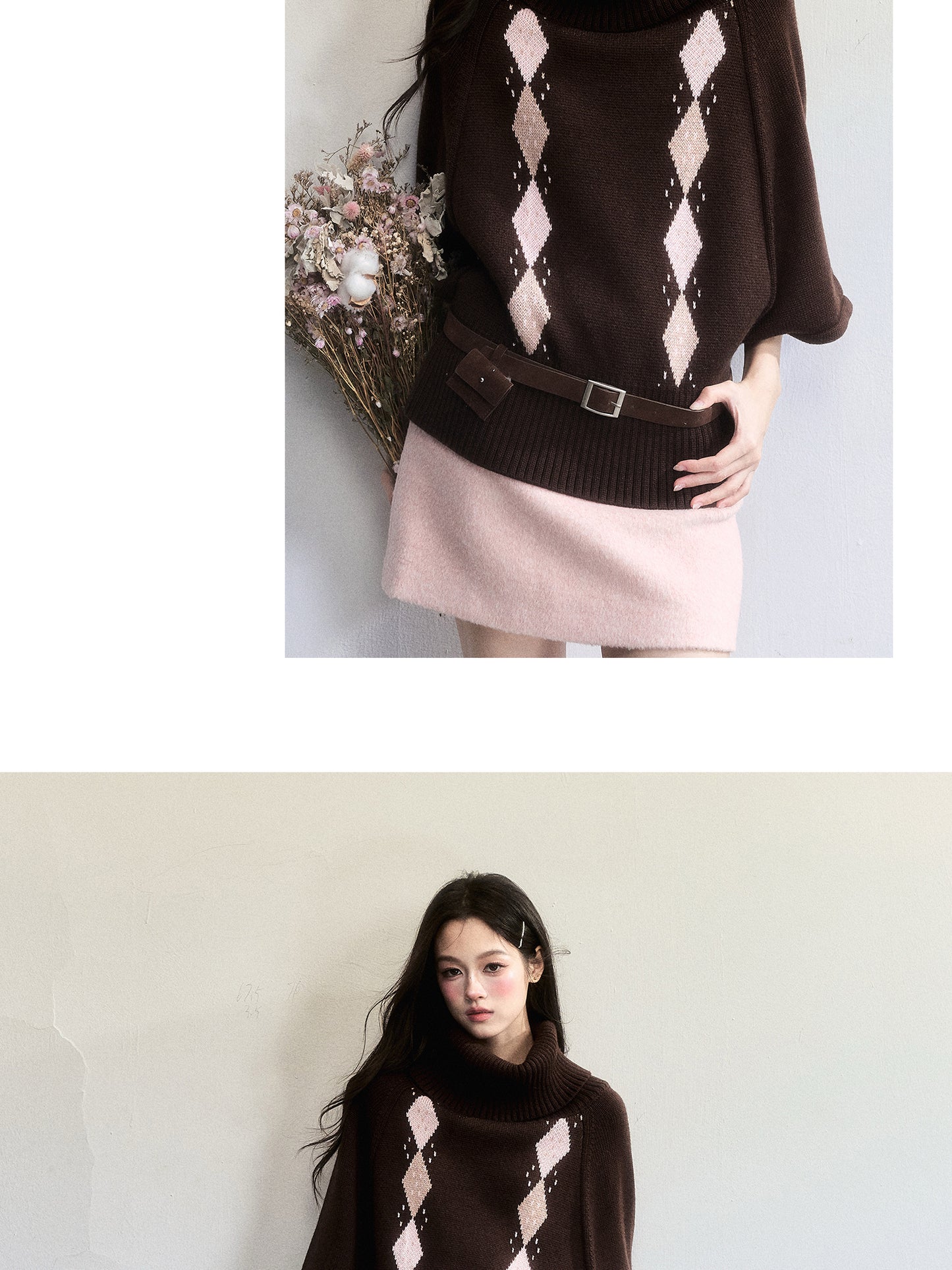 Cape-Inspired Roll Neck Argyle Knit Top